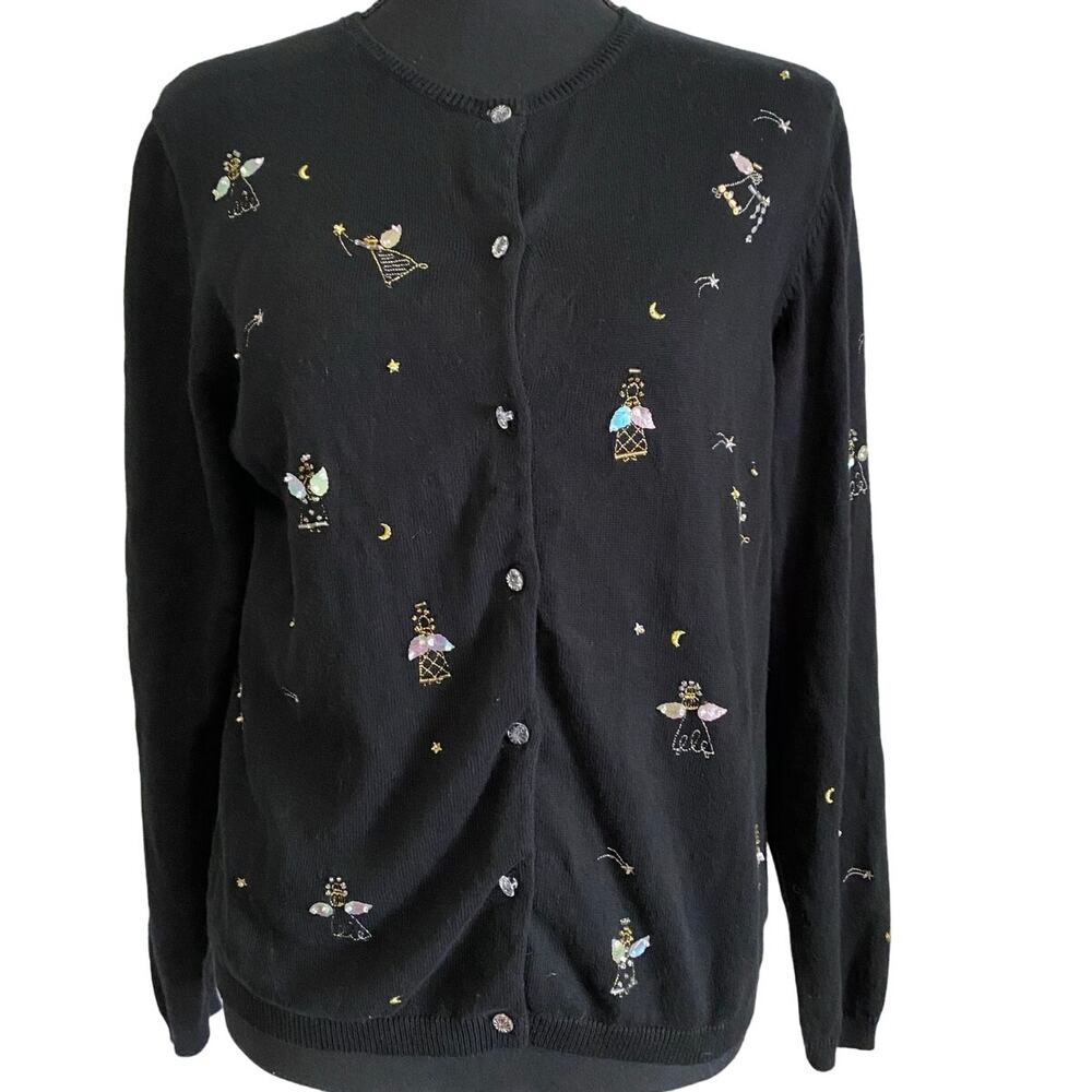 Talbots Embroidered Angel Shell‎ wings Cardigan Christmas Holiday Sweater Angels